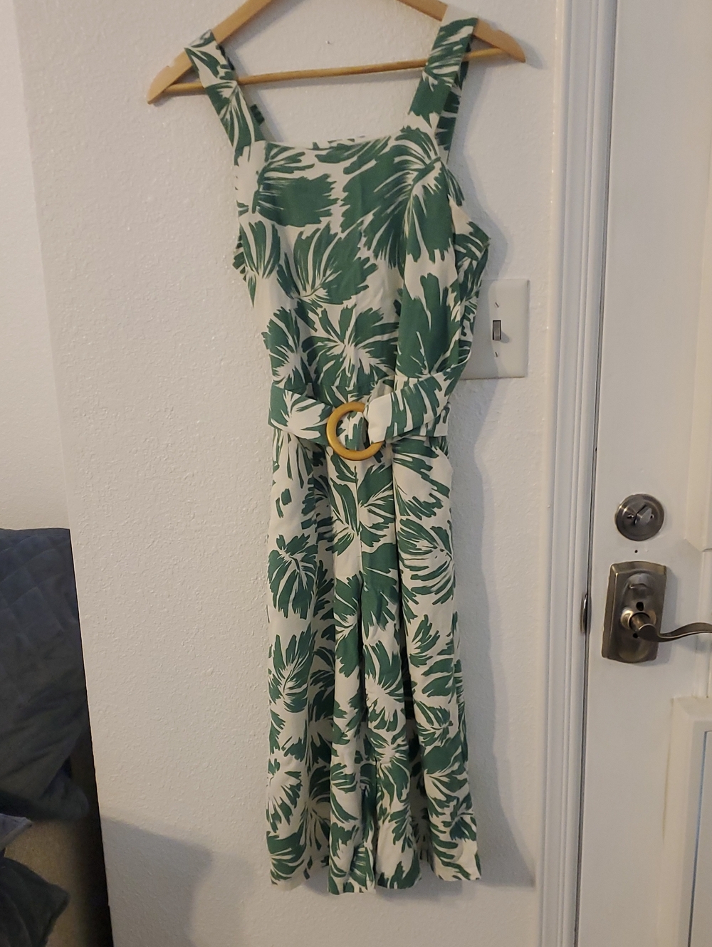 Monteau Green and White Tropical Print Midi Jump Suit with Belt